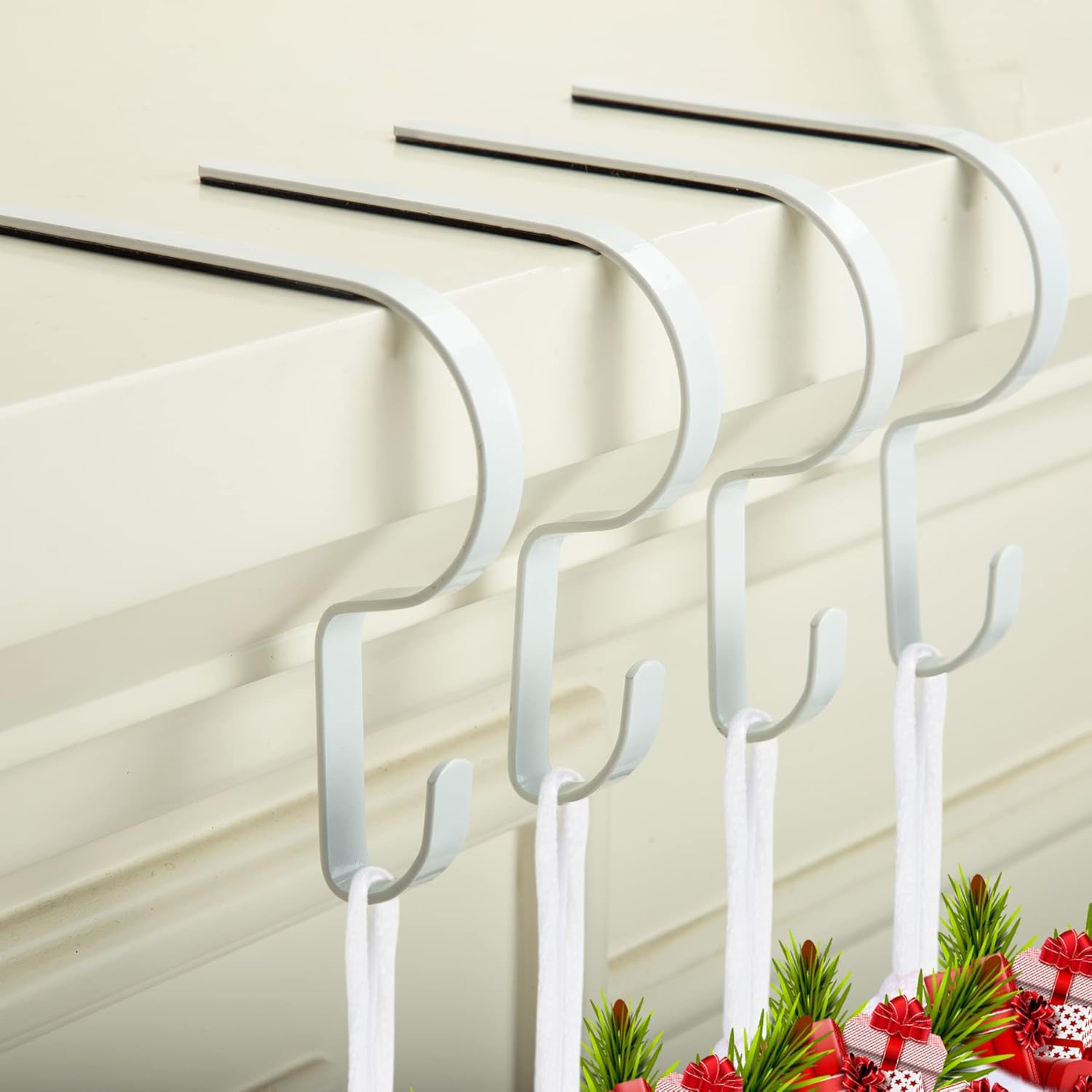 Stockings & Holders - Christmas Stocking Holders for Mantel Set of 4, Damage-Free Mantel Hooks Hangers for Stockings with Non-Slip Rubber Pad, Multi-use for Fireplace/Table/Shelf (White 4 Pack)