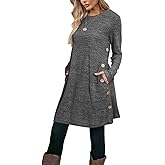 Poetsky Womens Tunic or Tops to Wear with Leggings Long Sleeve Side Buttons Swing Casual Long Shirts with Pockets S-3XL