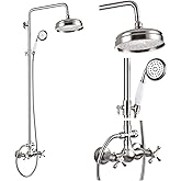 gotonovo Luxury Exposed Shower Faucet Set Bathroom Shower System 8 Inch Wall Mount Rainfall Shower Head with Handheld Spray Cross Double Handle Shower Fixture Adjustable Straight Rod Brushed Nickel