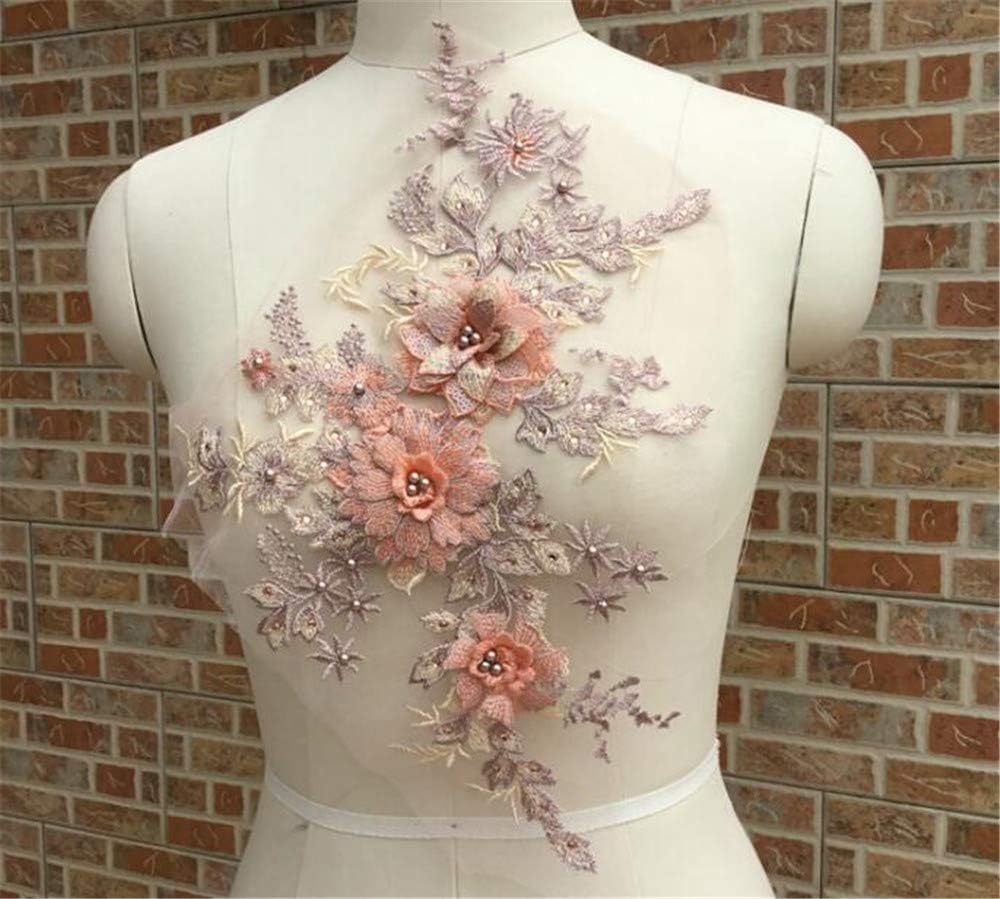 Hava Kolari 3D Embroidery Three-Dimensional Pearl Flower Sequin Motif Rhinestone Tulle Trimming Fabric Application Wedding Dress Neckline DIY Sewing Embroidery Orange