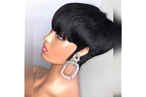 PangDongLai Chic Elegent Pixie Cut Wigs for Black Women Short Layered Pixie Wigs With Bangs Full Machine Made Brazilian Virgin Straight Human Hair Natural Black Color (pixie cut wig, Black color)