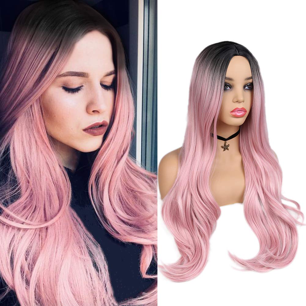 Amazon Com Wiger Ombre Pink Wig Dark Roots Middle Part Long