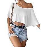 SHENHE Women's Crop Top Asymmetrical Neck Half Sleeve Loose T Shirt Off Shoulder Tops