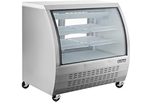 Xiltek 48" All Stainless Steel Deli Display Case with LED Lighting, Curved Glass Refrigerated Meat and Seafood Showcase, Bakery Case and Casters