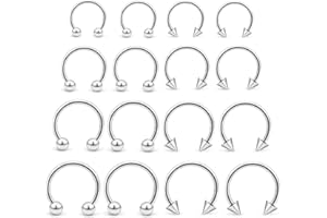 Ftovosyo 16PCS 16G Multiple Different Sizes Horseshoe Barbell Surgical Steel Nose Septum Rings Hoop Daith Earring Eyebrow Hel