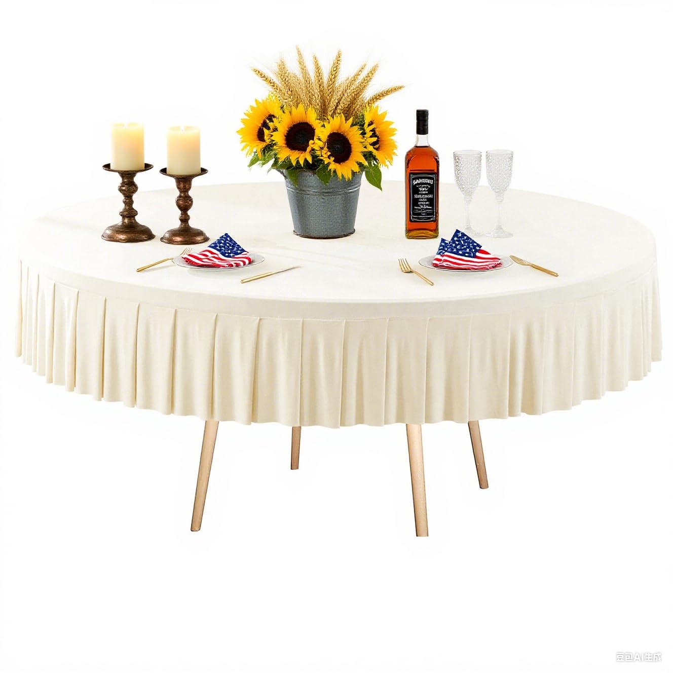 Photo 1 of 1 Pack Ivory Round Spandex Tablecloth for 60 Inch/5FT Tables - Stretchy Table Cloth with Skirt Wrinkle-Free Fitted Tablecloth for Wedding Birthday Party Home Decoration