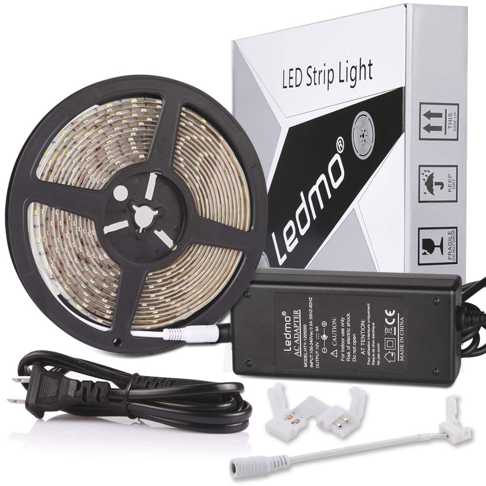 LED Strip lights, LEDMO Upgraded SMD 5630 light Strip, IP65 Waterproof 300LEDs 16.4Ft Cool White 6000K LED Light Strip+DC12V 5A Power Supply