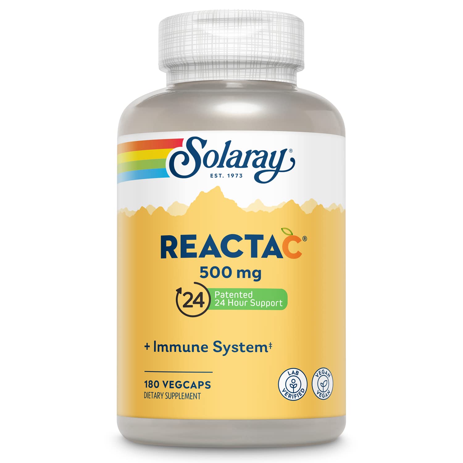 SOLARAY Reacta-C with Vitamin C 500mg - 200mg Bioflavonoid Concentrate, Immune Defense Vitamins - Patented 24 Hour Immune Support Supplement - Vegan - 180 Capsules, 180 Servings