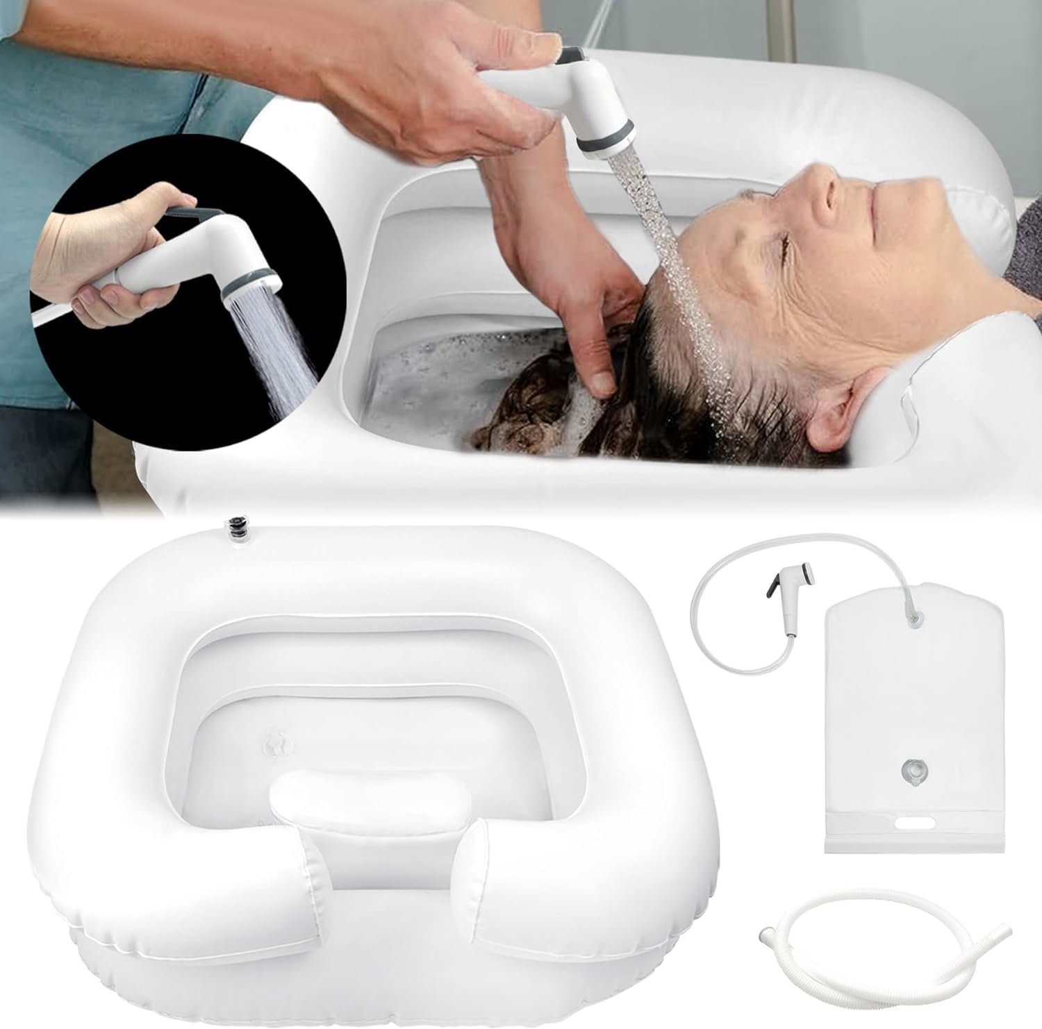 TZEKING Inflatable Sink, Portable Inflatable Hair Basin with Drainage Hose with Shower Head and Water Bag, Hair Wash Sink, Hair Wash for Bedside