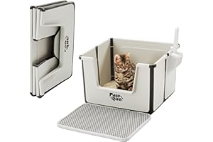 Pawque High Sides Large Cat Litter Box, Low Entry Open Top Foldable Portable Travel Cat Potty Pan with Litter Mat and Scoop for Kitty Old Cats, Anti Splashing Easy Clean Sturdy Tall Litter Box, Grey