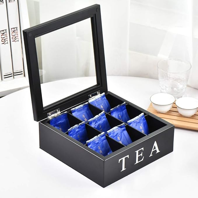 Fonture Wood Tea Store Box, Teabag Storage 9 Compartments Wooden Tea