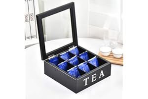 Fonture Wood Tea Storage Box, Teabag Storing 9 Compartments Wooden Tea Box Hinged Glass Lid Tea Organizer-Black