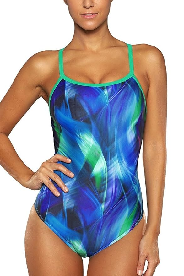 ALove Damen Bademode Sport Einteiler Bunt Racerback Badeanzug Light Art Serie
