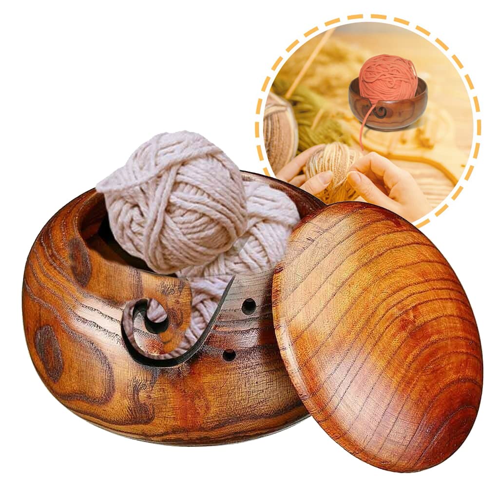 ATB-GIFT Wooden Yarn Bowl, Yarn Bowls for Knitting, Handmade Yarn Holder Bowl with lid for Crochet Knitting Home Decor(16 * 7CM)