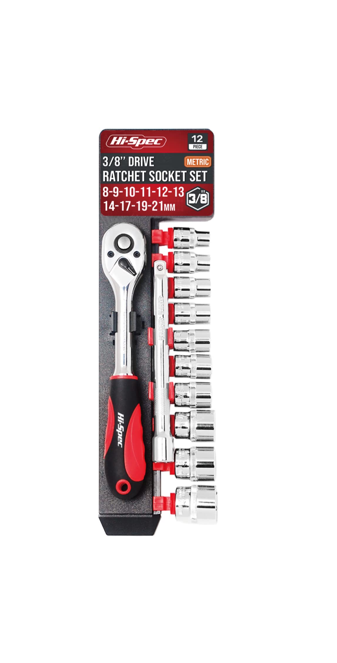 Hi-Spec 12pc Metric Socket Set with Ratchet Wrench & Extension Bar - 3/8" Drive, 8-21mm for Home DIY and Car Garage Mechanic - Rust Resistant Chrome Electroplating