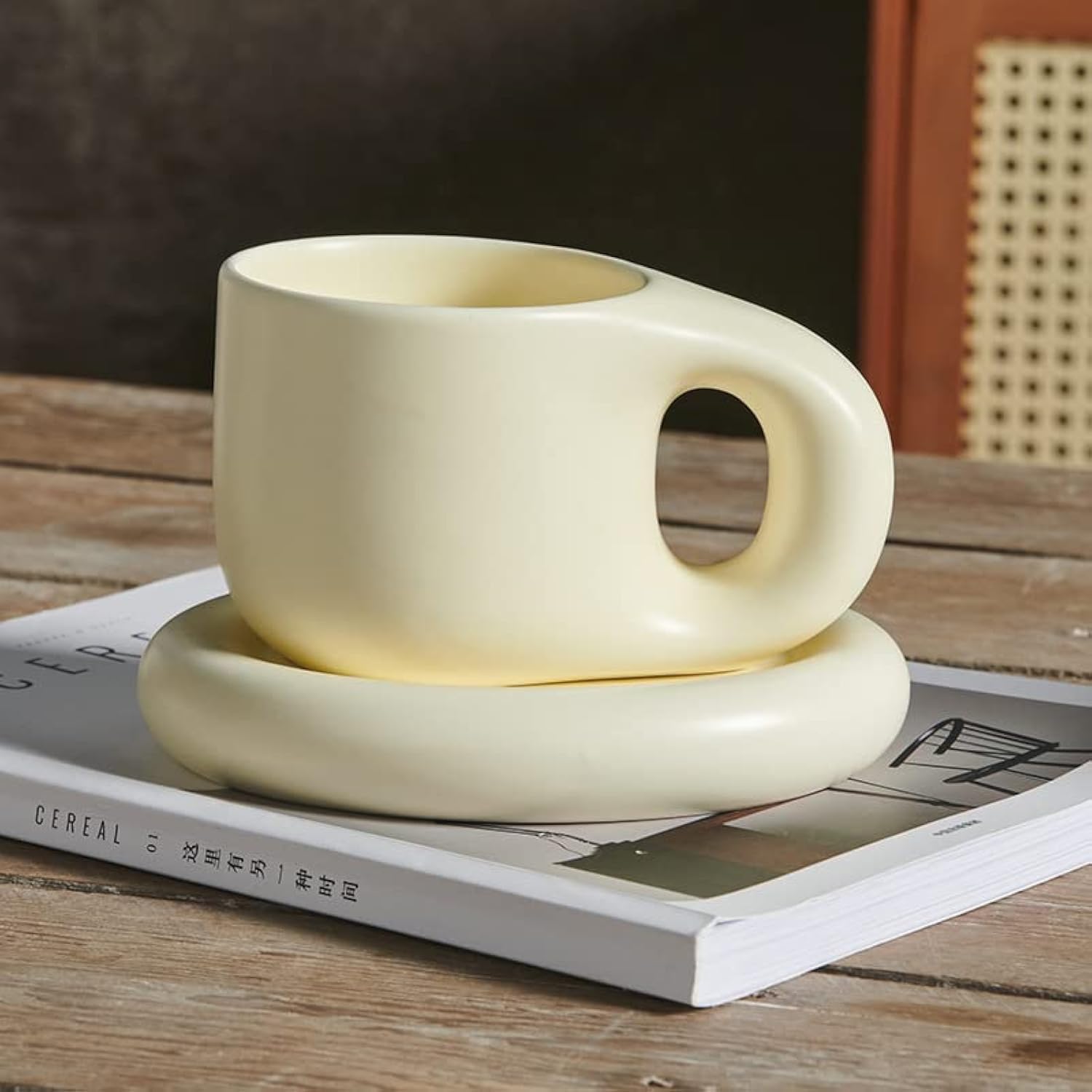 Photo 1 of Koythin Ceramic Coffee Chubby Mug Saucer Set, Creative Cute Fat Handle Cup with Saucer for Office and Home, Dishwasher and Microwave Safe, 10 oz for Latte Tea Milk (Beige)