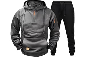 LOLVMVCHI Men's Cargo Sweatsuit 2 Piece Set Quarter Zip Hoodie and Sweatpants Set Joggers Outfit Causal Sport Tracksuits
