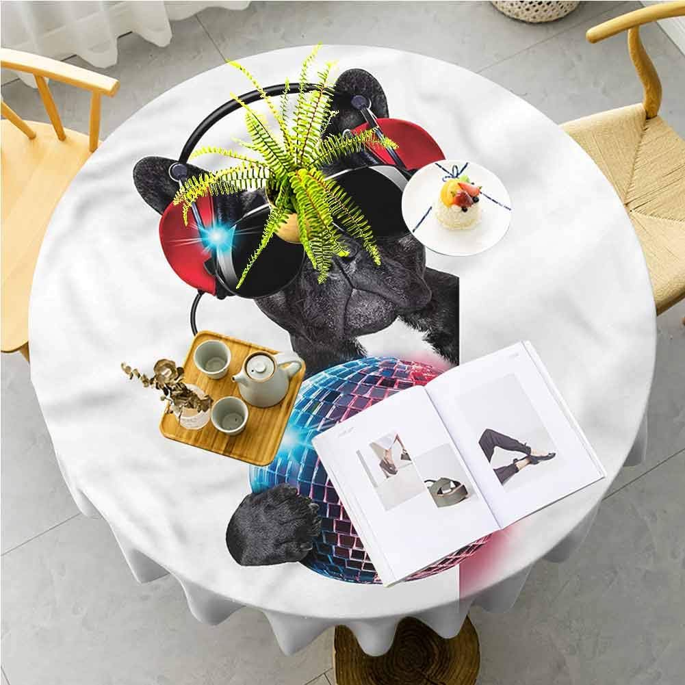 EDZEL Circle Tablecloth Camping Picnic Tablecloth DJ Bulldog in Party Puppy Great for Buffet Table, Parties, Holiday Dinner Diameter 39"