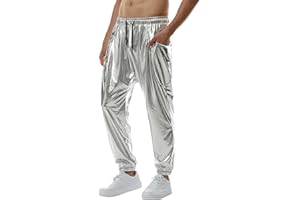 GENEMEN Mens Metallic Pants Shiny Trousers 70s Disco Outfits Elastic Bottoms Rave Pants Party Clubwear