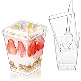 Hiasobre 25Pack 5oz Plastic Dessert Cups with Lids and Spoons, Reusable Clear Parfait Appetizer Cups, Square Party Shooter Serving Cup, Mini Dessert Shot Glasses for Tasting