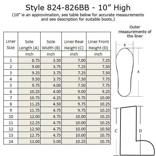 Boot Liners 826BB - 10" High - Size 13