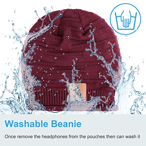 Mydeal Wireless Bluetooth Beanie Hat Headphones Headsets Music Audio Cap with Speakers Mic Hands Free for Women Men Outdoor Sports,Compatible with Iphone 7/7 plus,Samsung,Christmas Gifts - Burgundy
