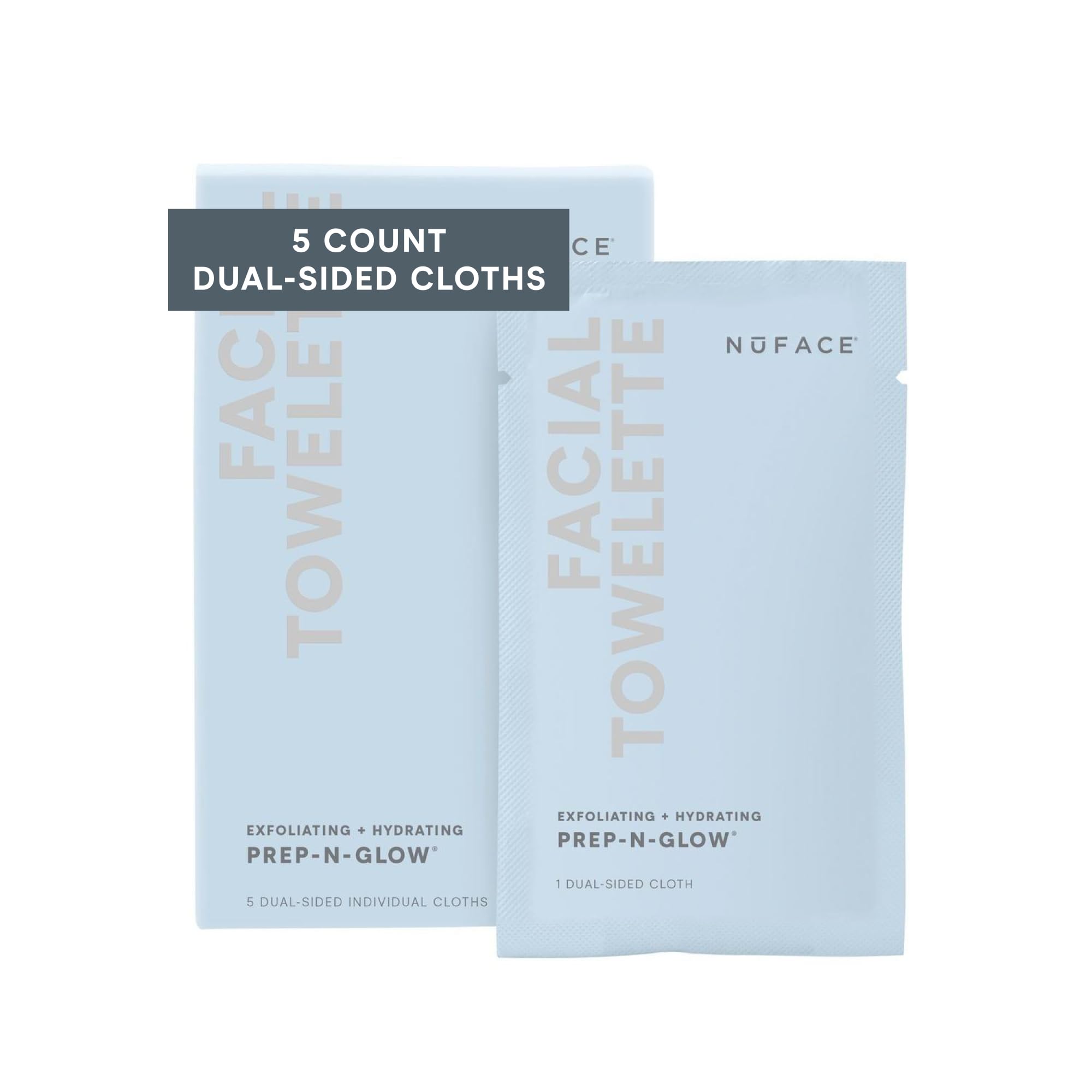NuFACE Prep-N-Glow Facial Towelettes - 2-in-1 Exfoliating + Cleansing Makeup Remover Wipes, Hyaluronic Acid Travel Face Wipes to Hydrate & Brighten for Glowing Skin - 5 Individually Wrapped Cloths