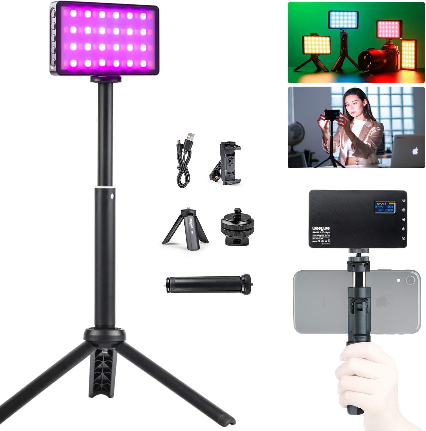 RGB LED Video Light, Portable Mini Built-in Rechargeable Battery LED On Camera Light for Photography Camcorder Shooting with Dimmable 2500-8500K 360° Full Color 20 Light Effects Aluminum Alloy Shell