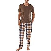 BEAUDRM Men's 2 Piece Pajama Set Crew Neck Short Sleeve T Shirt and Plaid Pants Loungewear