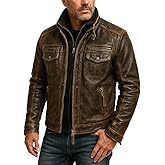 RABCHI Men’s Distressed Leather Biker Jacket – Removable Double Collar, Premium Lambskin with Quilted Viscose Lining