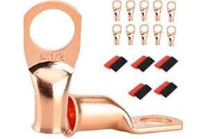 SDZONGES 10 PCS Battery Terminal Connectors, Battery Cable Ends Lugs, 4 Gauge Wire Connectors, 4 AWG 1/2" Stud Ring Terminals, Copper Wire Lugs with Heat Shrink Tubing.