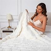 The Southampton Blanket - Faux Fur Basketweave Throw Blanket 50"x60" Lighthouse Cream - Luxuriously Soft Cozy Warm Gift for Women, Plush Silky Fuzzy Heavyweight Reversible Design Home Decor