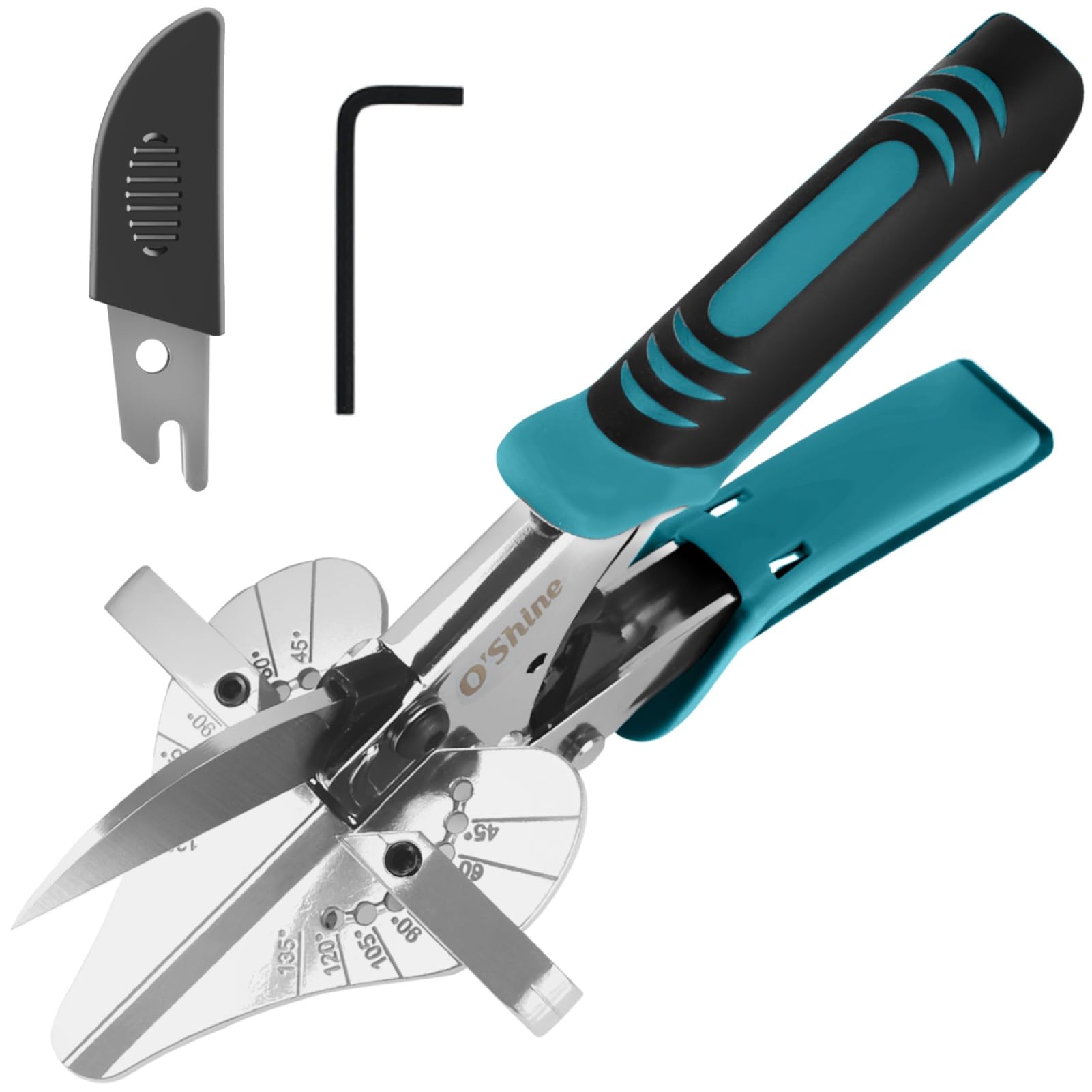 O’Shine Ratchet Miter Shears for Angular Cutting Molding Crafting Wood, Quarter Round Cutting Tool, 45-135 Degree Multi Angle PVC Mitre Shear Trim Cutter Hand Tool, an Extra Blade & Hex Key Included