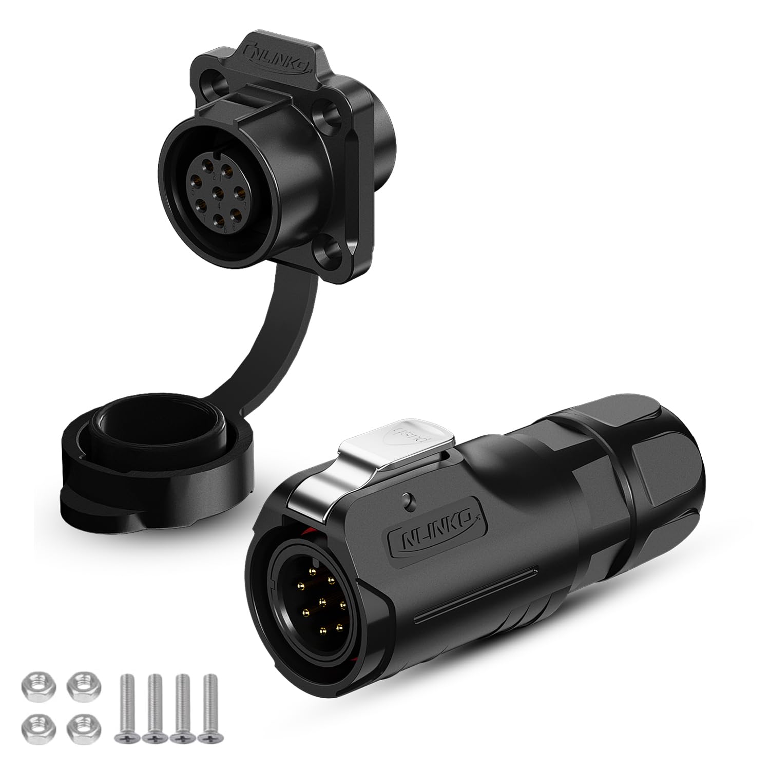 CNLINKO LP-12 Industrial Waterproof Connector IP68 Circular Connector Quick Plugging Aviation Connector PBT Plastic Shell Connector Fast Release Connector M12 2-8 Pin Flange Socket (8 Pin)