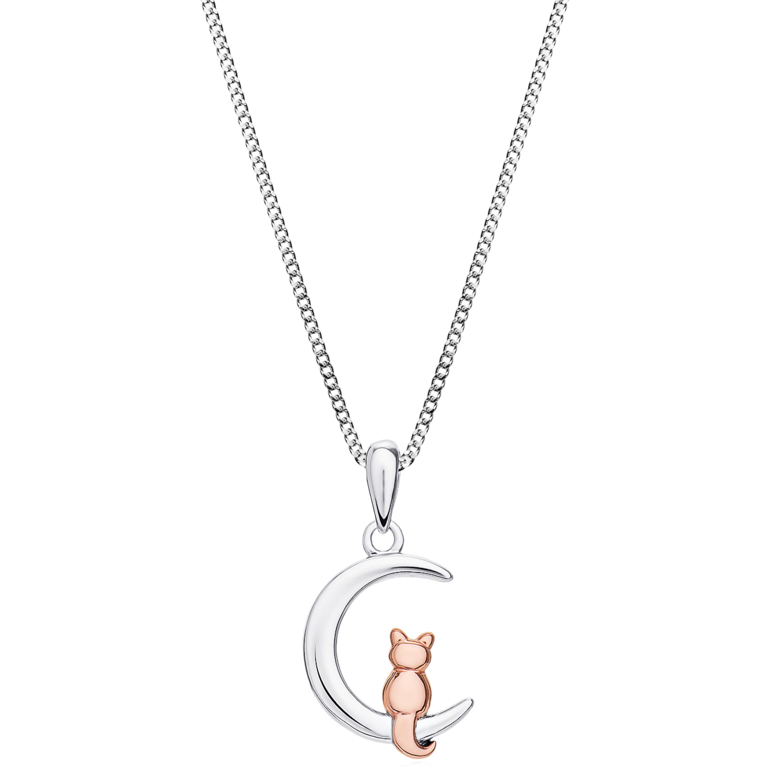 Aeon Cat & Moon Necklace - 925 Sterling Silver & Rose Gold Plated | Adjustable 16-18 Inch Chain | Polishing Cloth & Gift Box