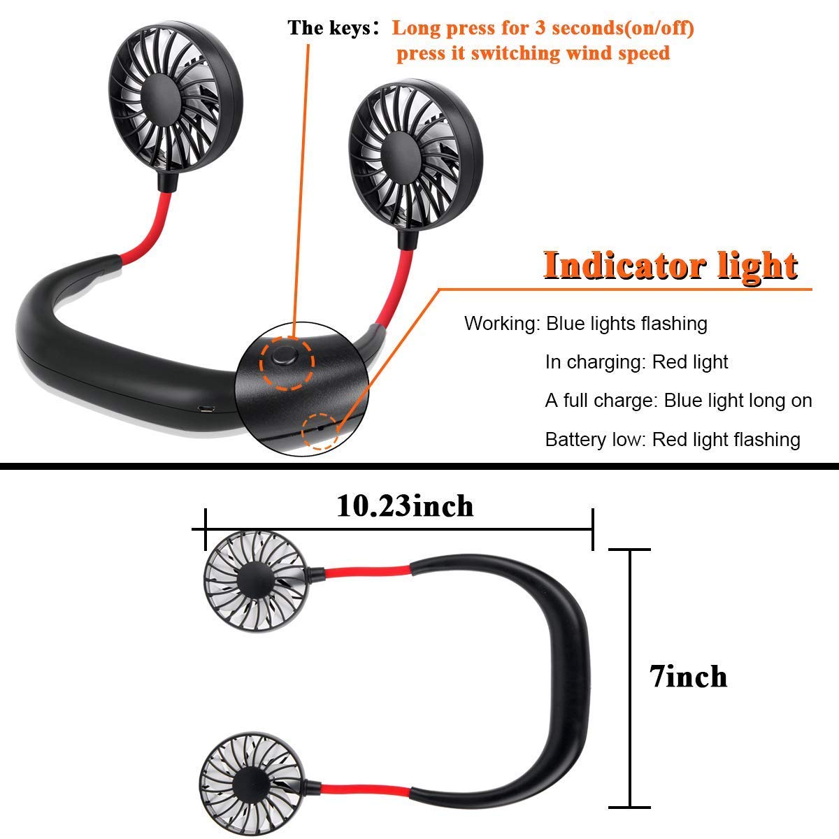 Hand Free Personal Fan - Portable USB Battery Rechargeable Mini Fan - Headphone Design Wearable Neckband Fan Necklance Fan Cooler Fan with Dual Wind Head for Traveling Outdoor Office Room (Black)