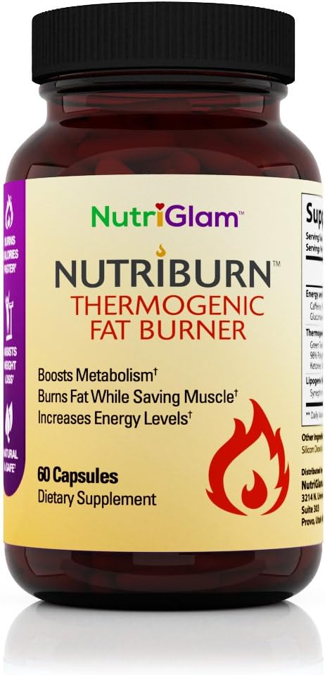 NutriGlam NutriBurn Thermogenic Fat Burner for Men and Women - Weight Loss Supplement, Appetite Suppressant, Metabolism Booster, Energy - Caffeine, Green Tea Extract, Raspberry Ketones-60 Diet Pills