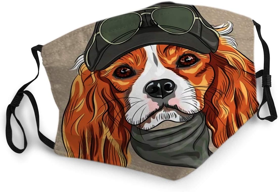 Mouth Cover Face Mask Hipster Red Dog Cavalier King Charles Spaniel Breed in Cap and Cravat Khakis Glasses
