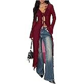 GORGLITTER Women's Sheer Cardigan Mesh Ruffle Bell Long Sleeve Tie Front Tops Y2K See Through Goth Alternative Clothes