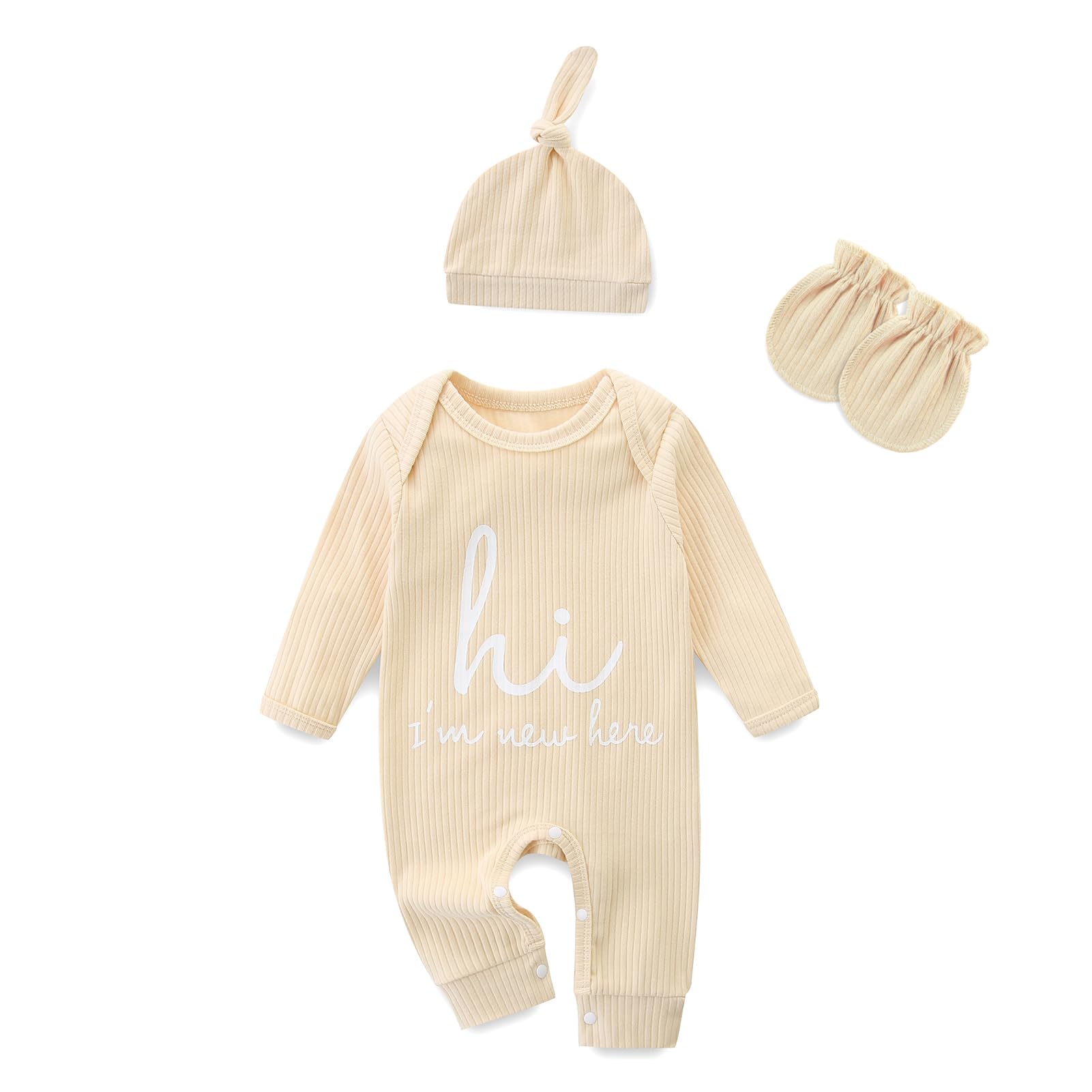 Photo 1 of Jomixa Newborn Girls and Boys Romper, Hi I’m New Here Long Sleeve Cotton Baby Clothes, Preemie Coming Home Outfit (Beige, 0-3 Months)