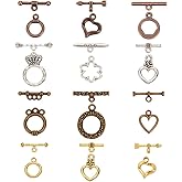 PH PandaHall 120 Sets Toggle Clasps, 12 Styles Jewelry Closure Clasp Ring Tibetan Style Clasps Fastener Hook Toggle Connectors TBar End Clasp for Necklace Bracelet Jewelry Making, 4 Colors