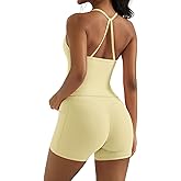 OMKAGI 2 Piece Workout Sets for Women Padded Sports Bra Tank Booty Gym Shorts with Pockets