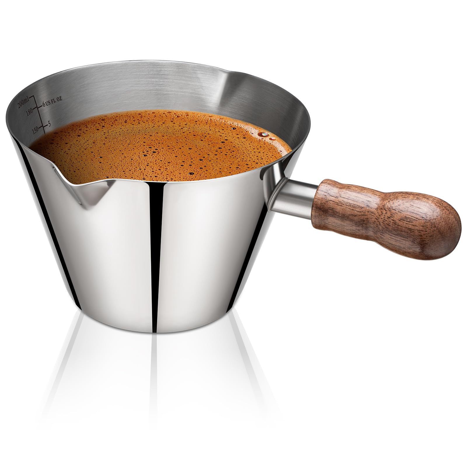 Amrules Espresso Cup, 6.8 oz/200 ml Stainless Steel Coffee Shot Measuring Cup with Wood Handle, Double V-Shaped Mouth and Clear Scale for Cappuccino Barista Coffee Bar Accessories, Silver