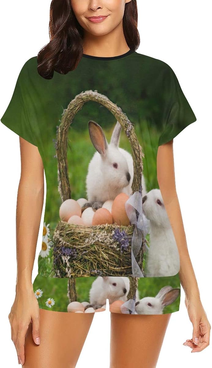 Women's Casual Pajamas Set, Easter Basket Eggs Easter Bunny Short