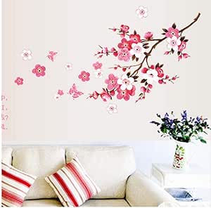 Pegatinas de vinilo para pared, diseño de flor de melocotón y mariposa