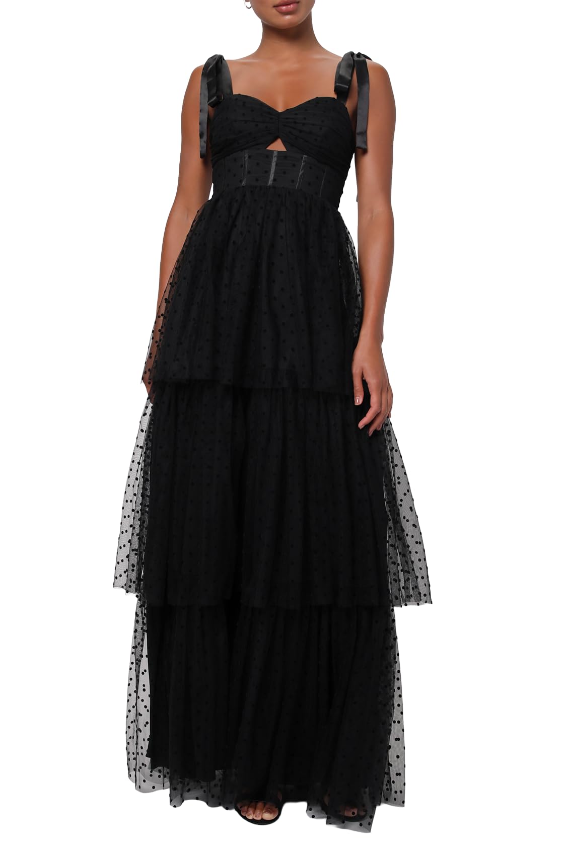 Photo 1 of Lulus Billie Keyhole Cutout Swiss Dot Maxi Dress, Cocktail Dress for Women Black