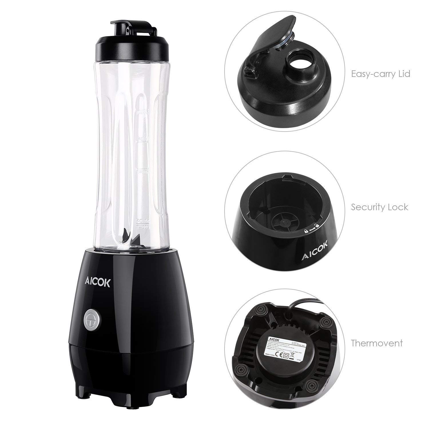 Aicok Mini Blender, Smoothies Mixeur, Bouteille de Tritan 600mL Sans BPA, Moteur Puissant et 4 Lames en acier inoxydable, pour Milk-shake, Smoothies et Jus de Fruits et Legumes, 300W, Noir