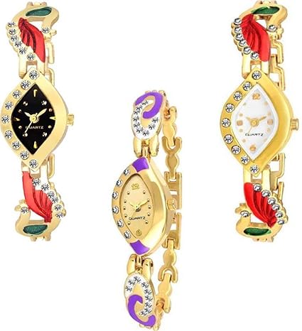 Krupa Enterprise Analogue Dial Multi Color Diamond Watch for Girls & Women Combo Pack - 3