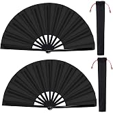 2 Packs Large Folding Hand Rave Fan for Men and Women Line Dancing, Black | Handheld Folding Fans, Chinese Tai Chi Nylon Cloth Chinese Kung Fu Fan With Holder Sleeve for Performance Home Decor Festival