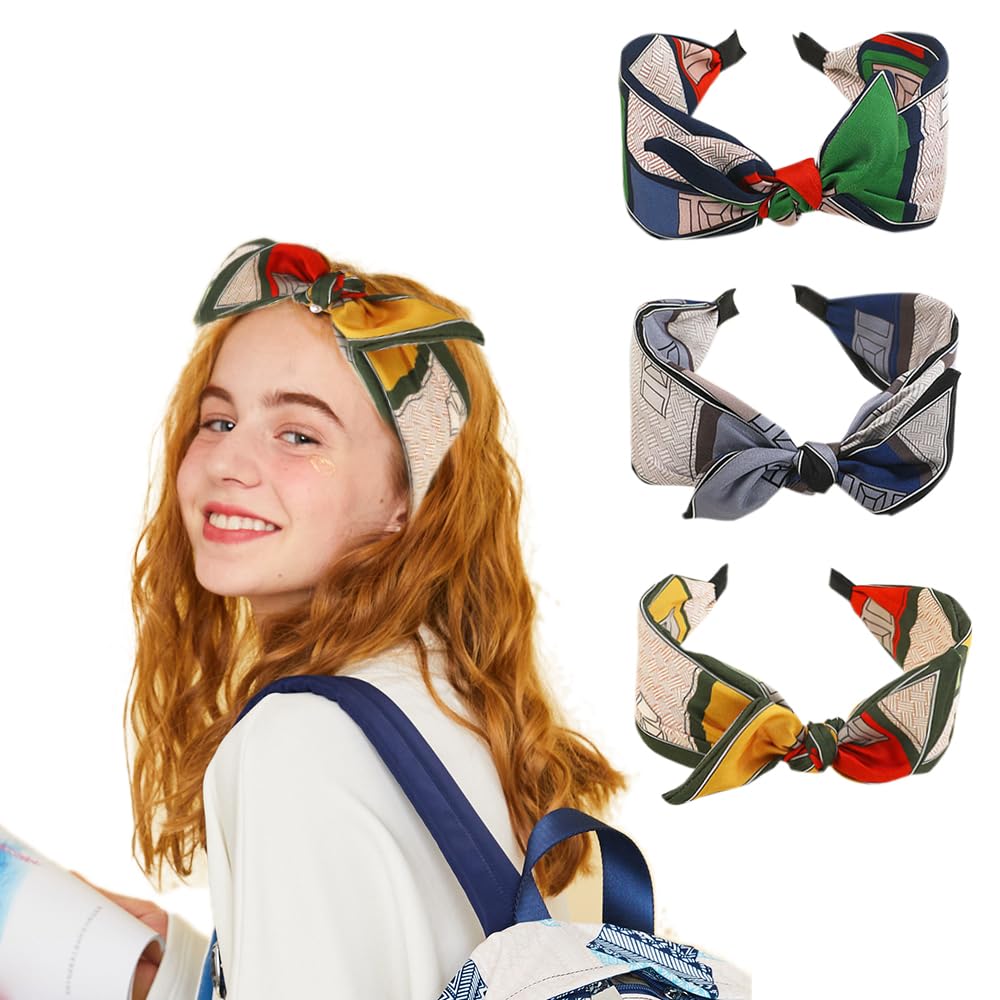3Pcs Boho Wide Headband Rabbit Ears Hair Bands Fabric Non-Slip Headwear Elastic Twist Hair Hoop 1920s Accessories for Women Girls (Bow headband) — image 1